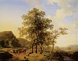 Hendrikus van den Sande Bakhuyzen A Treelined River Landscape with Figures and Cattle an a Path painting